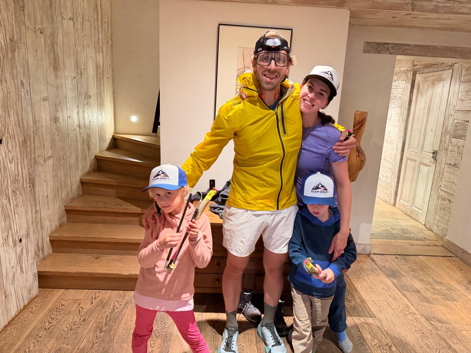 Lawrence in race kit with Marina and the kids in Team DWIFT hats before the start